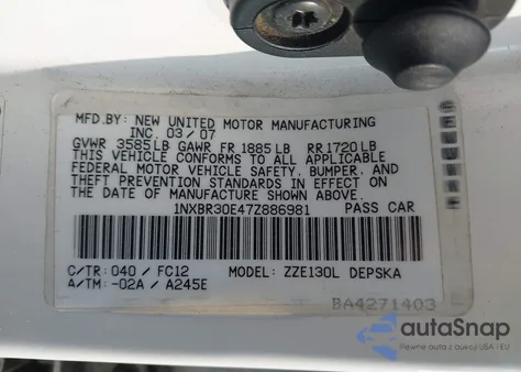 2007 Toyota Corolla Ce/Le/S z USA, uszkodzony, nr VIN 1NXBR30E47Z886981